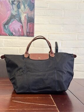 Longchamp Le Pliage Black Tote with Brown Leather Trim